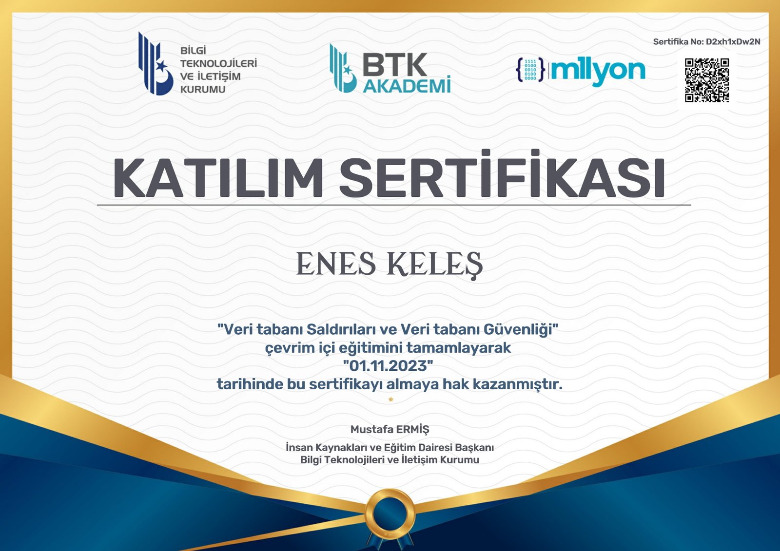 Veri tabanı Saldırıları ve Veri tabanı Güvenliği Sertifika-1
